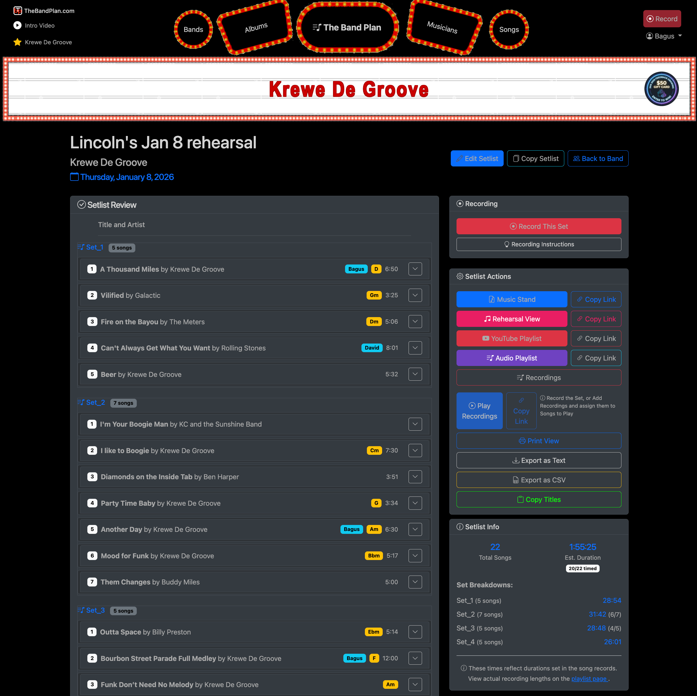 Creating rehearsal setlist from show setlist